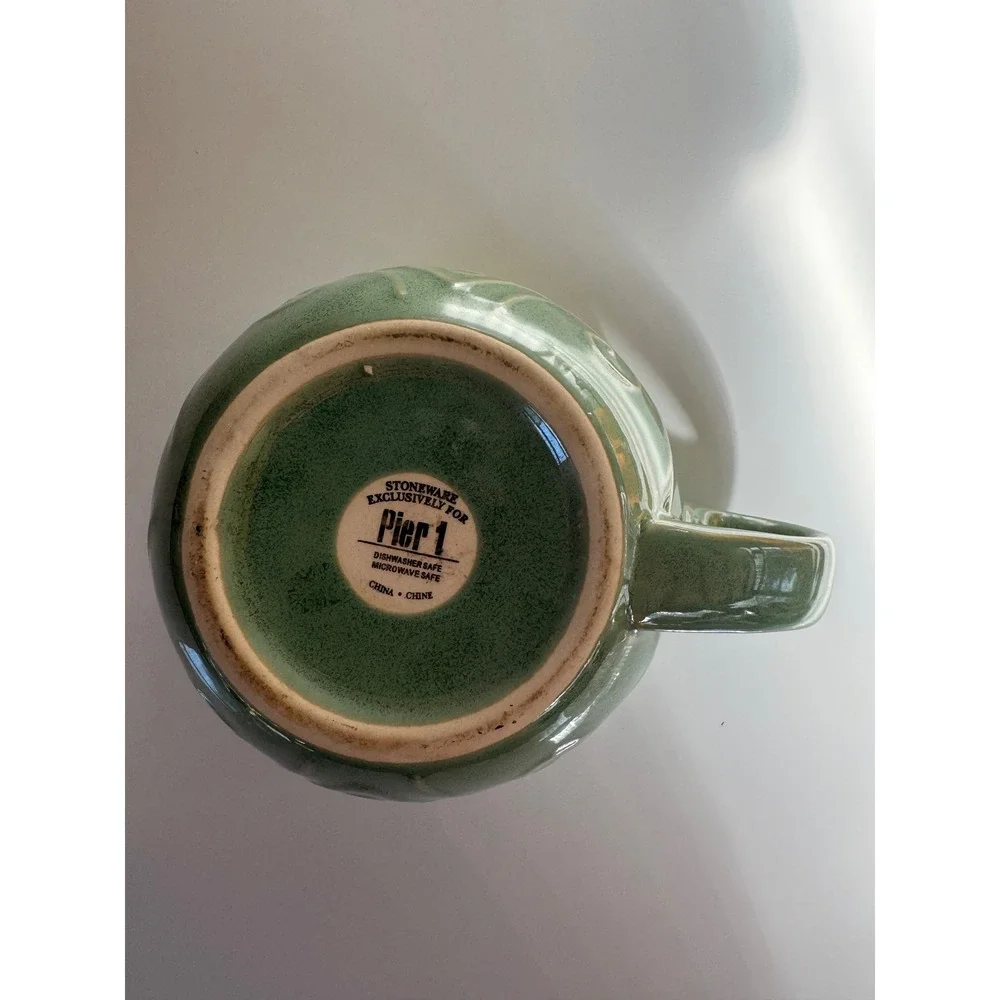 Pier 1 Green Stoneware Soup Mug Geometric Debossed Texture Oversized Cup 5 inch